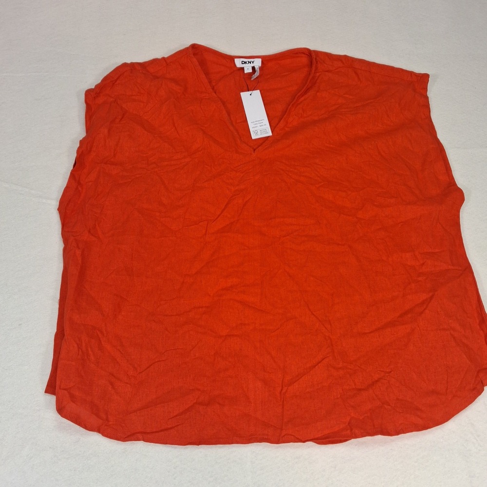 DKNY V-Neck Top Womens 1X Flame Orange Linen Blend PPAACM75